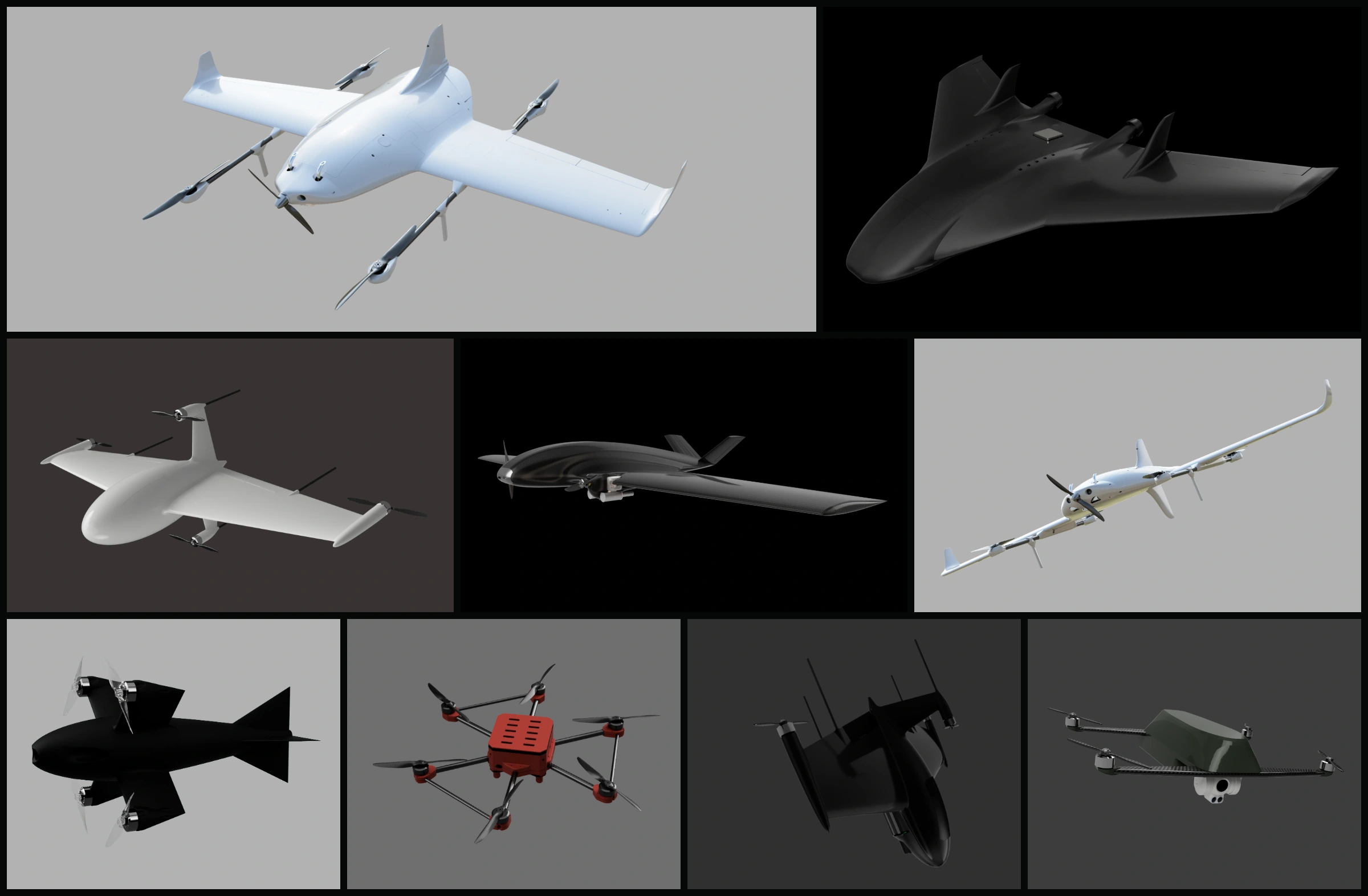 Nine CAD views of BullShark Aero aircraft designs, including fixed-wing, VTOL and multirotor platforms